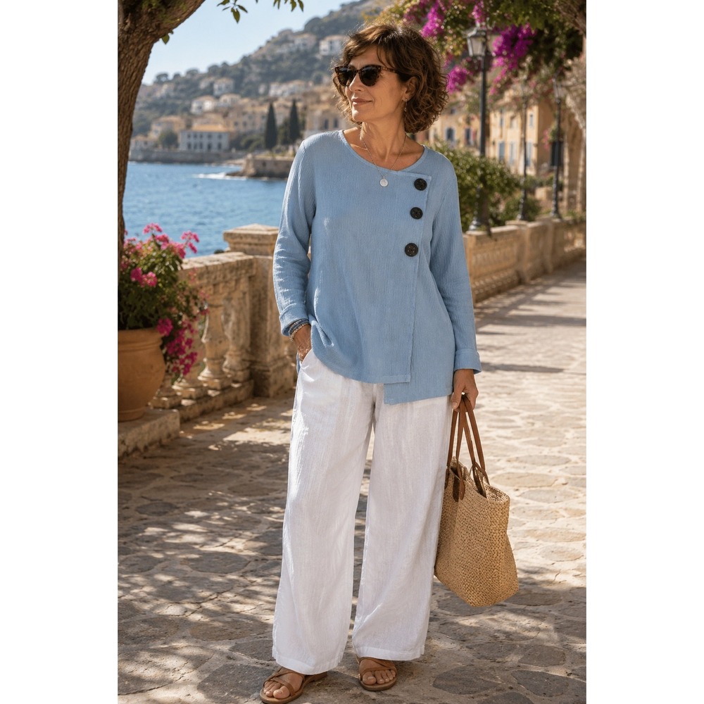 FOCUS CASUAL LIFE Blue Tunic Top Boho Coastal Resort Small Lagenlook Travel LS